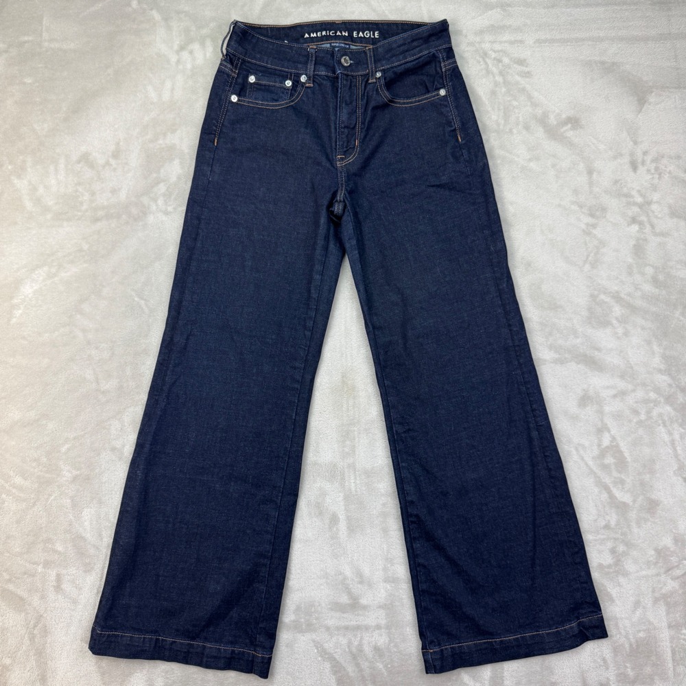 American Eagle Wide Leg Jeans Womens 2 28x29 Blue Dark Wash Super Stretch High